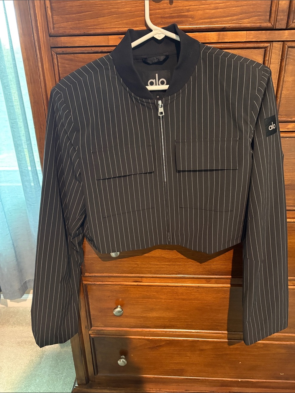 ALO Yoga Black Pinstripe Cropped Bomber Jacket